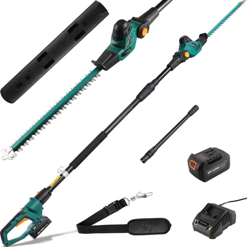 Tlgreen - Taille-haie Télescopique sans Fil, Taille-Haies sur Perche, Batterie Li-ION 20 v 4 Ah/Chargeur, Longueur de Lame 45 cm, Capacité: 15mm,