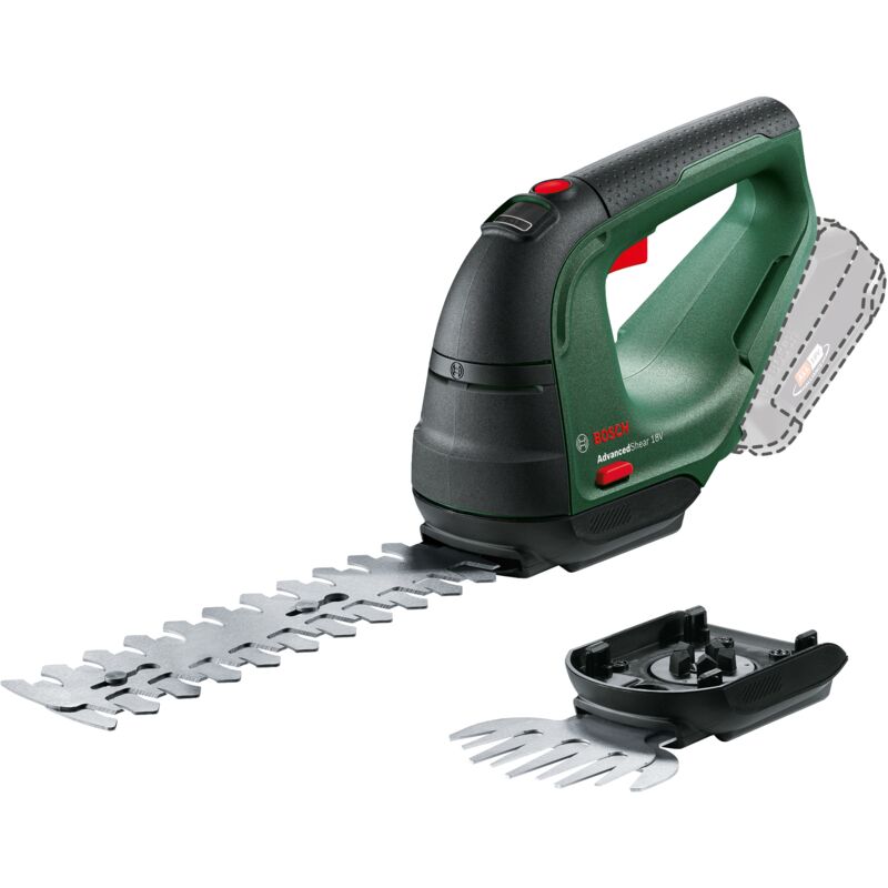 Cisaille à gazon sans fil Bosch AdvancedShear 18V-10 (sans batterie, système 18 volts, coupe jusqu'à 85 m² par charge de batterie, avec lame de cisaille à arbustes et à herbe)