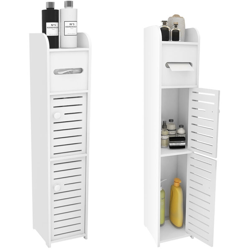 Meuble de Rangement de Salle de Bain pp 78x 17 x 15cm 3 étagères et 2 Portes Et Rangement Papier Toilettes Blanc Mat