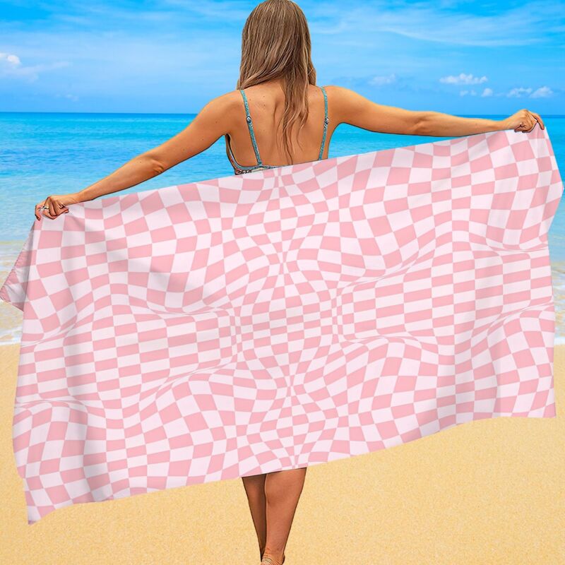 Serviette de plage microfibre, imprimé carreaux, douce, absorbante