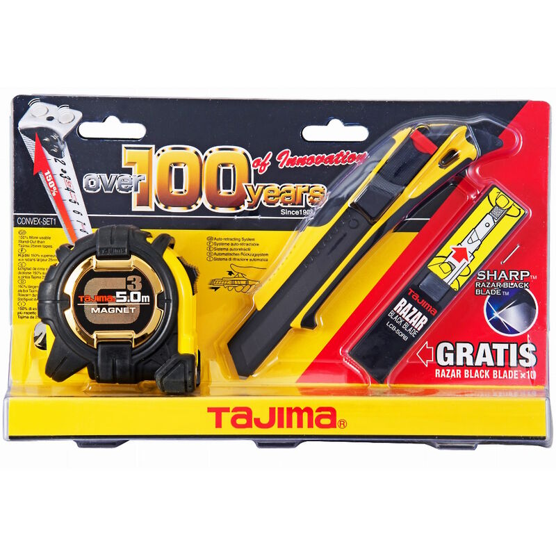 Tajima - taconvexset Tape Measure/Knife and Blade Set, Yellow/Black TAG3M780MT Limited Edition
