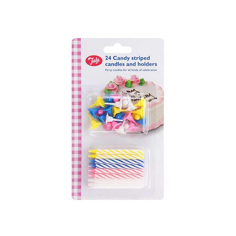 Image of Pack of 24 Candy Striped Candles and 24 Holders - Tala