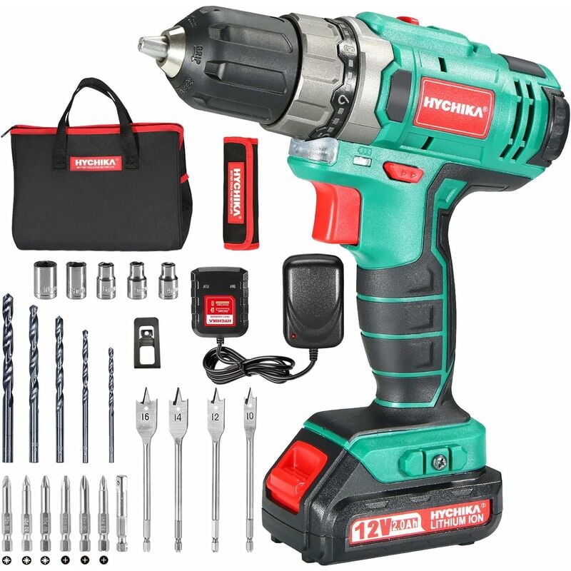 Taladro Atornillador 12V Hychika Destornillador Eléctrico, 30N.m Par Máx, 1500mAh Batería, 1 Hora de Carga Rápida, 6PCS Puntas, 6PCS hss Brocas, 5PCS