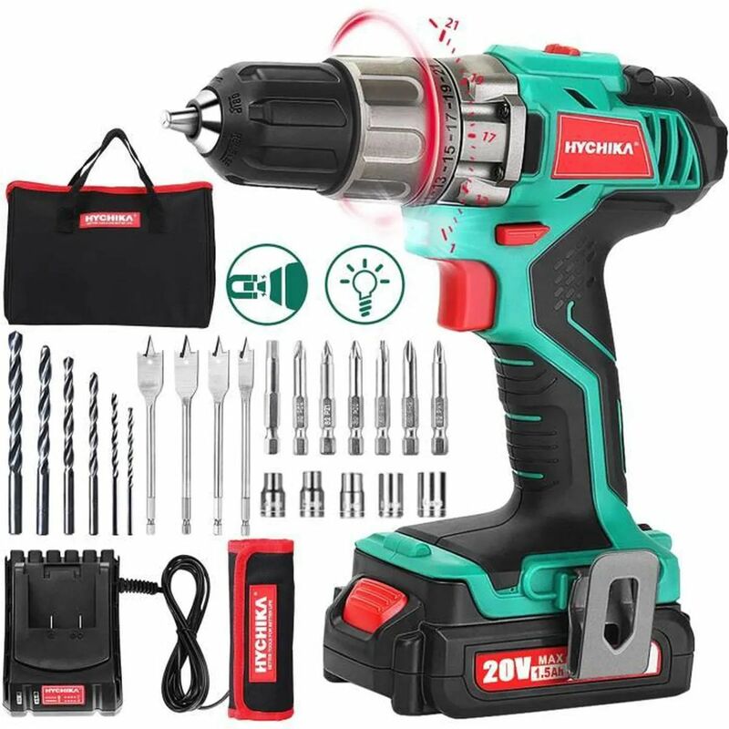 

Hychika - Taladro Atornillador 18V Destornillador Eléctrico 35 N.m, 21 + 1 con Selección de Marcha con 22 Accesorios, 1H de Carga Rápida, 2