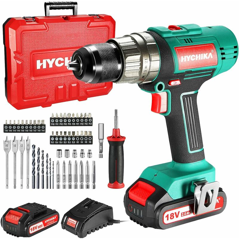 

Taladro Atornillador 18V, HYCHIKA Taladro Percutor 45Nm, 3 Funciones en 1, 53 Accesorios, 2×2.0Ah Baterías 18V, Mango Auxiliar, 21+3 Ajustes Torque,