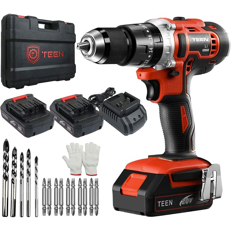 

Taladro Atornillador 20V Taladro Percutor, 2x 2.0AhBaterías Litio, 13 mm Mandril Portabrocas Automatico,Taladro con Percusión-DCD916 - Rouge - Teeno