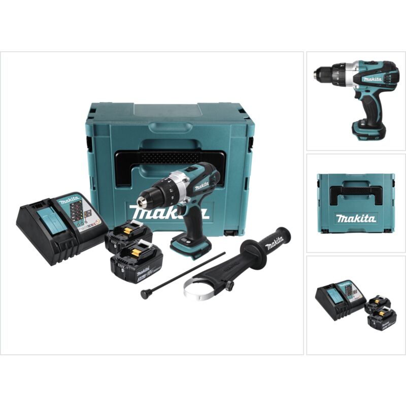 Taladro atornillador a batería Makita DHP 458 RFJ 18 V 91 Nm + 2 baterías 3.0 Ah + cargador + maletín Makpac