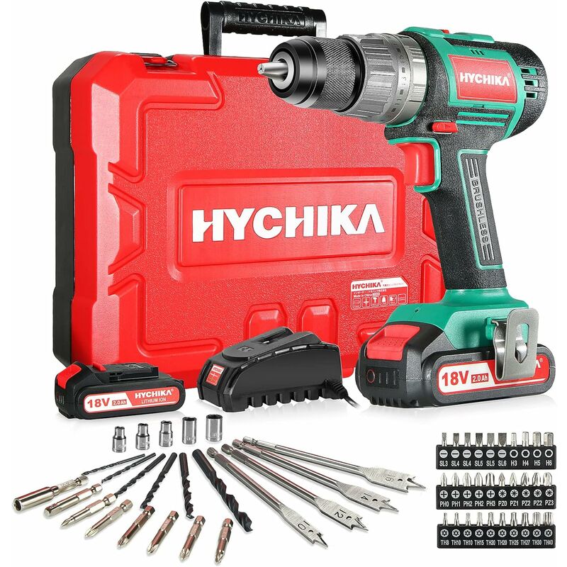 

Taladro Atornillador Brushless 18V, HYCHIKA 60Nm Taladro Inalámbrico con 2 * 2.0Ah Baterías, 52 Accesorios, 21+3 Ajustes