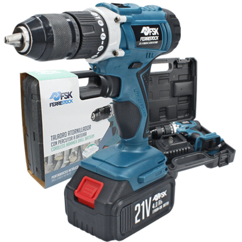 

FSKTAB002 taladro atornillador con batería de ion litio 21V (4.0 Ah), 2 velocidades, 17 posiciones, 45Nm de par de giro, percutor, gatillo sensible a
