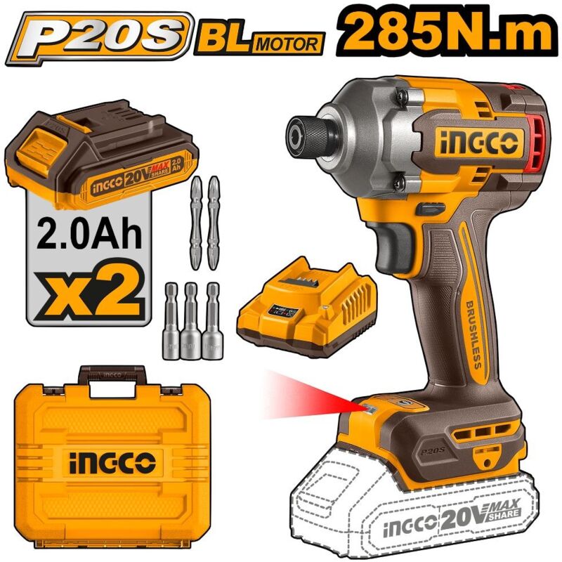 Atornillador impacto 20V.H.1/4' 2 baterias 2Ah+CARGADOR+BOX CIRLI2002 - Ingco