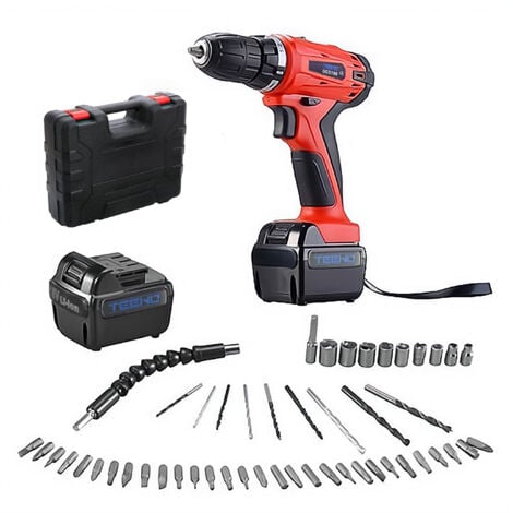Taladro Atornillador Inalámbrico 18v + 2 Baterías de Litio + 52 Accesorios - Rojo