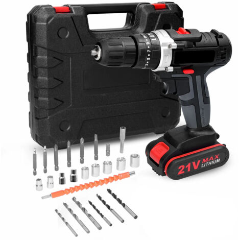 Taladro atornillador inalámbrico de 21 V, 45 Nm, con caja de herramientas, 2 baterías de 1,2 Ah, 2 velocidades, 25 + 3 ajustes de par, luz LED.
