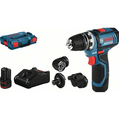 Taladro atornillador profesional a batería Bosch GSR 12V-15 + 2 baterías 2.0 Ah y accesorios