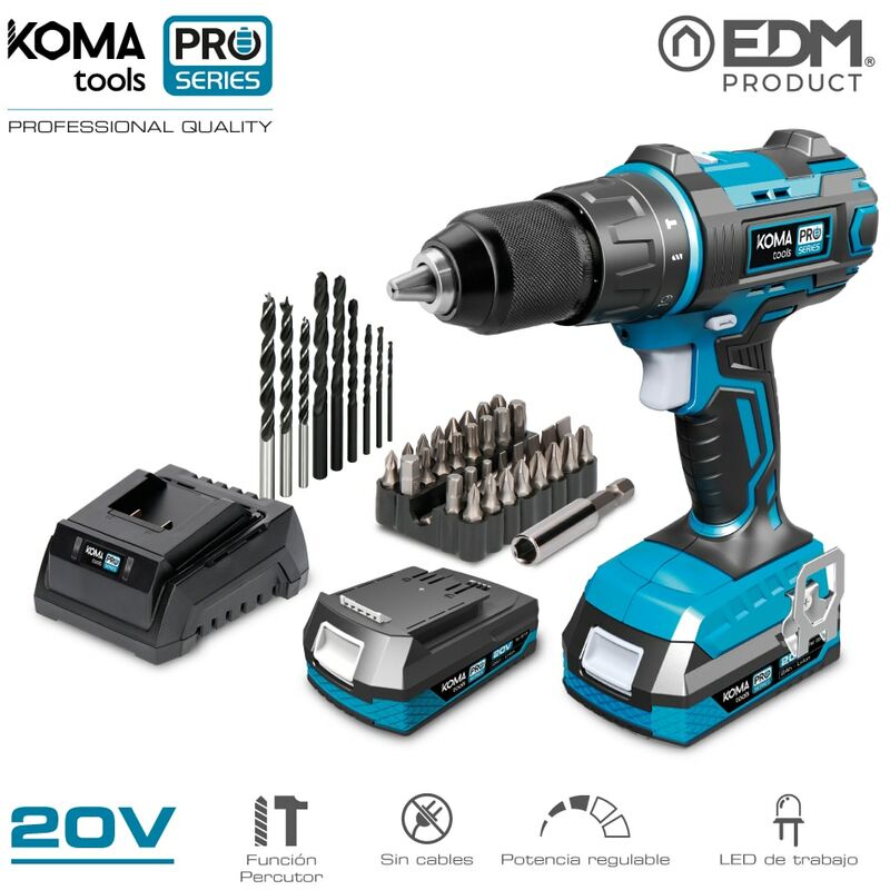 

08750 KIT TALADRO PERCUTOR/ATORNILLADOR 20V CON 2 BATERIAS 2.0 Ah Y CARGADOR PRO SERIES BATTERY EDM - Koma Tools