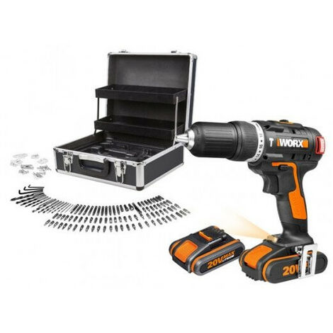 Taladro Percutor a batería 20V Worx 2 bat. con maletín 158 accesorios WX367.1