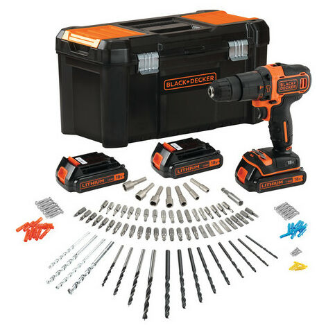 Taladro Percutor Black+Decker 18V + 120 Accesorios 3 Bat 1,5Ah con Caja BDCHD181B3A