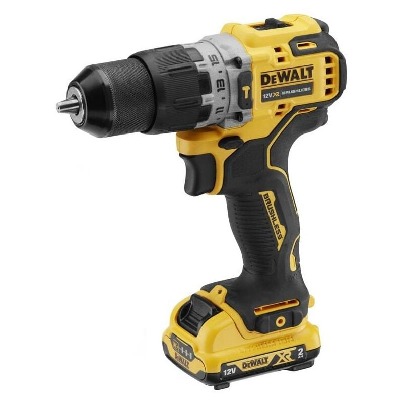 

Dewalt - DCD706D2-QW DCD706D2-QW-Taladro Percutor sin escobillas XR 12V 10mm 57,5Nm con 2 baterías Li-Ion 2Ah y maletín TSTAK, Schwarz/Gelb