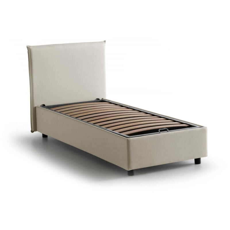 

Cama individual Anna con contenedor, Made in Italy, en tela, 90x200 cm, con apertura frontal, Crema - Talamo Italia
