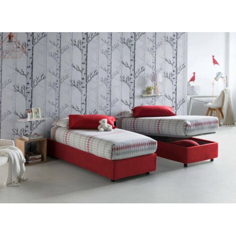 Talamo Italia Cama individual Asia, Cama contenedor con revestimiento de tela, 100% Made in Italy, Apertura frontal, adecuado para colchón Cm 80x190, Rojo, con embalaje reforzado