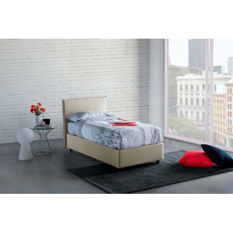 Talamo Italia Cama individual Brunella, Cama contenedor con revestimiento de tela, 100% Made in Italy, Apertura frontal, con colchón Cm 80x190 incluido, Beige, con embalaje reforzado