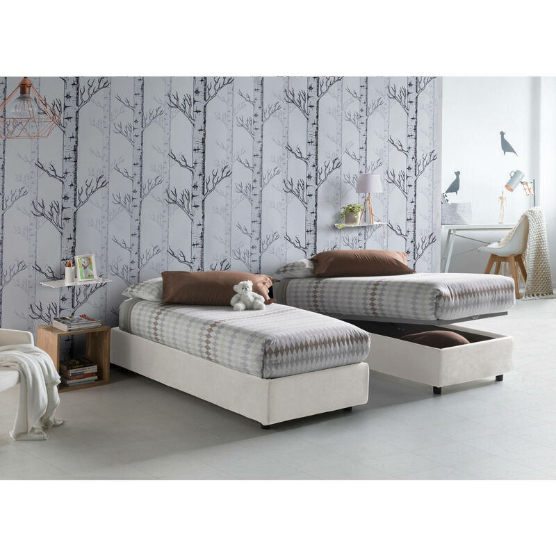 

Cama individual Silvia con contenedor, Made in Italy, en tela, 90x200 cm, con apertura lateral, Blanco - Talamo Italia