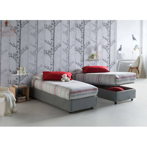 Talamo Italia Lit simple Valentina, Lit conteneur avec revêtement en tissu, 100% Made in Italy, Ouverture frontale, avec matelas Cm 90x200 inclus, Gris, avec emballage renforcé