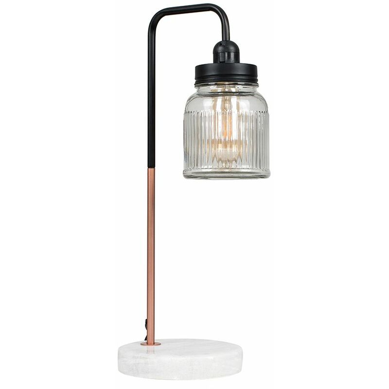 Industrial Copper Table Lamp Light White Marble Base Shades Warm White LED - Ribbed Jar