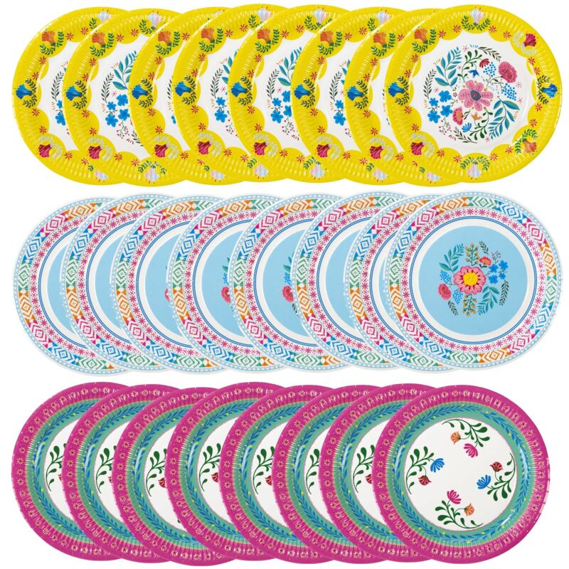 Image of Piatti di carta bohémien colorati floreali, confezione da 24 stoviglie usa e getta per bambini, decorazioni per feste di compleanno, tema hawaiano,