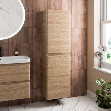 Tall Bathroom Cabinet Storage Cupboard Wall Mounted Tallboy Unit Wood Effect
