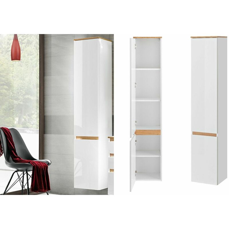 Tall Bathroom Cabinet Wall Storage Unit Modern Shelving White Gloss Oak Finish Plat - White Gloss / Oak Finish