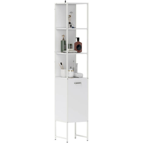 Tall Bathroom Cabinet with Open Shelves and Adjustable Shelf - White