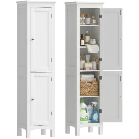 Tall Bathroom Storage Unit, Slim Bathroom Cabinet with Adjustable Shelves and Double Door, White