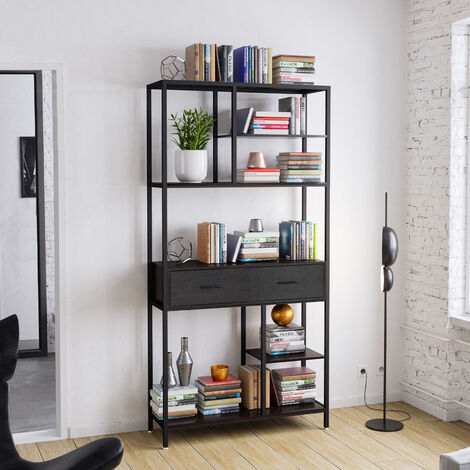 Tall Bookcase File Storage Cabinet with 2 Drawers Display Cupboard Freestanding