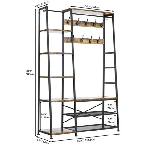 Tall Industrial Hall Tree Coat Rack Stand with Shoe Storage Bench, 9 Hooks, 5 Storage Shelves and Clothes Rail for Bedroom, Living Room, Hallway & Entryway