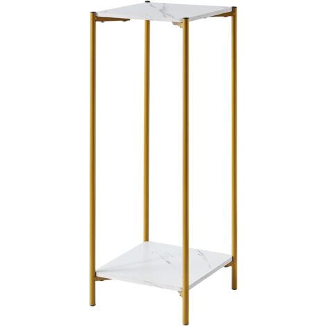 Tall Table with 2 Tiers, Square End Table Sofa Side Table, 90cm Plant Stand Indoor Plant Holder, with White Marble Texture (White)