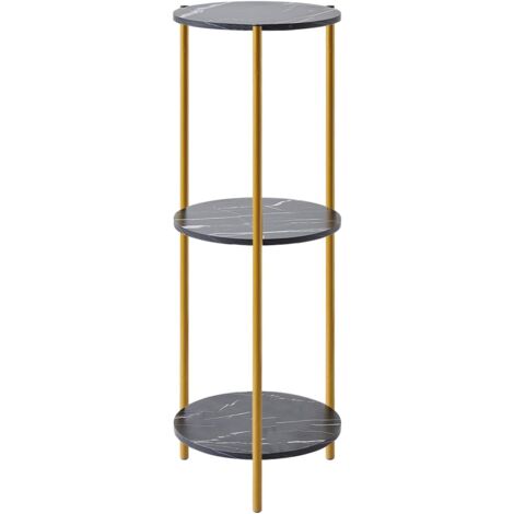 Tall Table with 3 Tiers, Round End Table Sofa Side Table, 90cm Plant Stand Indoor Plant Holder, with Black Marble Texture (Black)