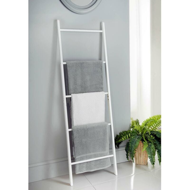 Dylex - Tall Wooden Blanket Towel Ladder 5 Rungs Hooks Bathroom Rack Decor Shelf