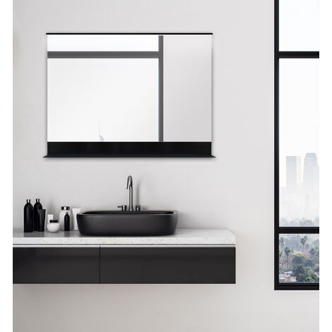 Talos Black Home Badspiegel 80 x 60 cm - Touch - Badezimmerspiegel mit LED Beleuchtung in neutralweiß – mit praktische Ablage in schwarz - Sensortaster