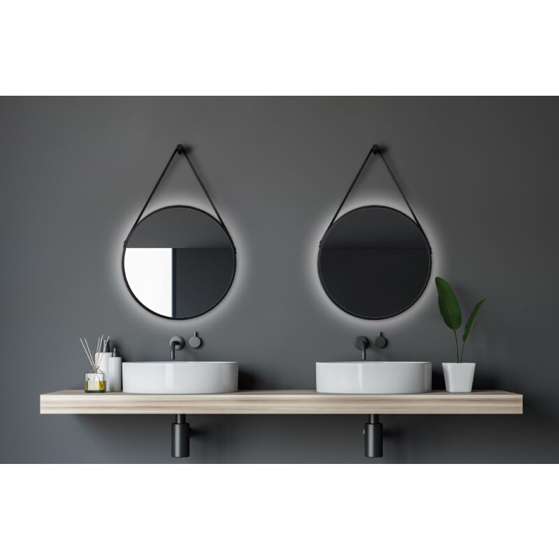 Black Light ø 50 cm - miroir mural avec éclairage indirect - sangle de suspension en aspect cuir - couleur de la lumière blanc neutre - cadre en