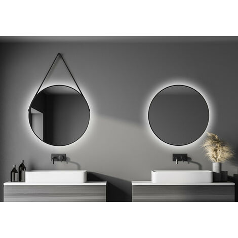 Talos Black Light Badspiegel - Dekospiegel - rund, 80 cm - Badezimmerspiegel mit LED Beleuchtung in neutralweiß - schwarz - Aufhängeband in Lederoptik - schwarz