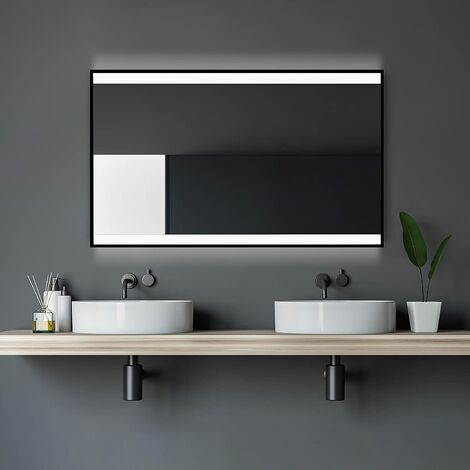 Talos Black Shine Badspiegel 120 x 70 cm - Badezimmerspiegel mit LED Beleuchtung in neutralweiß - matt schwarz - AN-AUS Taster am Rahmen