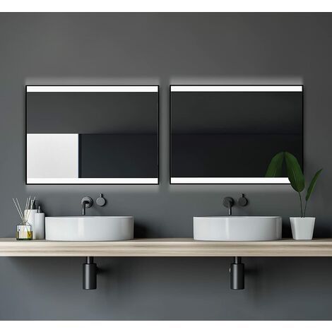 Talos Black Shine Badspiegel 80 x 60 cm - Badezimmerspiegel mit LED Beleuchtung in neutralweiß - matt schwarz - AN-AUS Taster am Rahmen