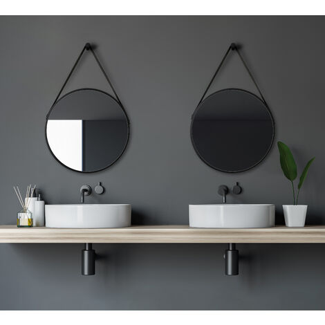 Talos Black Vogue Badspiegel, Dekospiegel, rund, Ø 50 cm - Badezimmerspiegel - matt schwarz - Aufhängband in Lederoptik