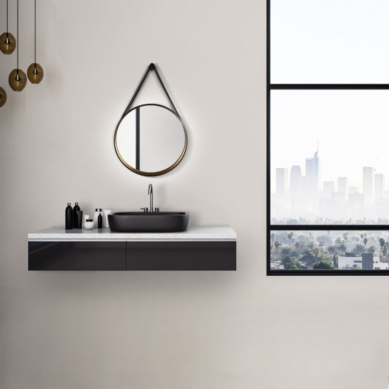 Talos - Golden Style ø 55 cm - Miroir mural avec sangle de suspension en aspect cuir - Miroir de salle de bain avec cadre en aluminium doré de haute