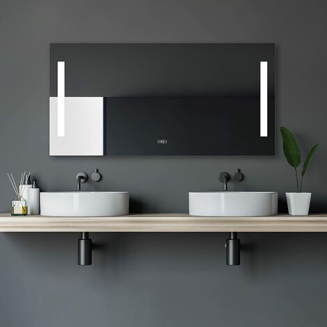 Talos Star Badspiegel 120 x 60 cm - Badezimmerspiegel mit LED Beleuchtung in neutralweiß - Digitaluhr mit Memory-Funktion - An-Aus Taster am Rahmen