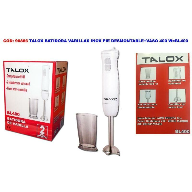 

talox batidora varillas inox pie desmontable+vaso 400 w bl400 - Mibricotienda