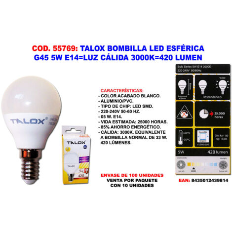 talox bombilla led esferica g45 5w e14 l.calida 3000k 420 lumen (caja 10 unidades)