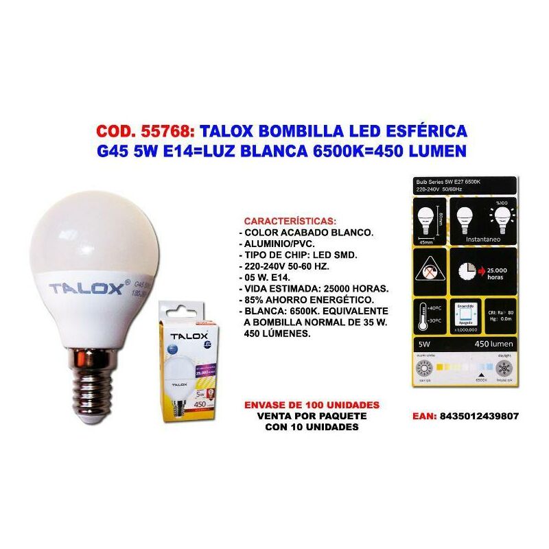 

talox bombilla led esferica g45 5w e14 l.blanca 6500k 450 lumen - Mibricotienda