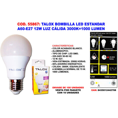 talox bombilla led estand a60-e27 12w l.calida 3000k 1000 lumen (caja 10 unidades)