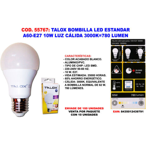 talox bombilla led estandar a60-e27 10w l.calida 3000k 780 lumen (caja 10 unidades)